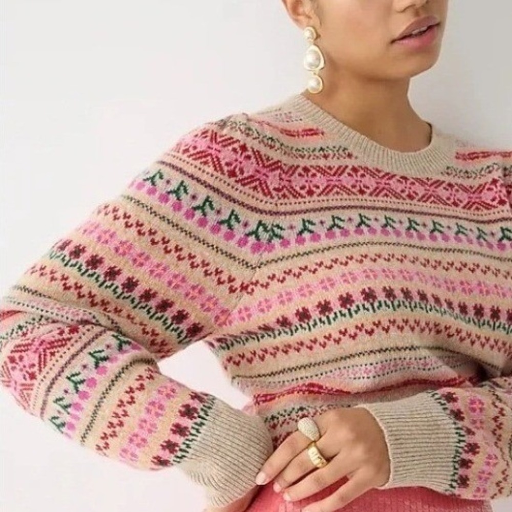 J.Crew Cottage Preppy Fair Isle Cherry Cute Puff Shoulder Sweater Pink Tan Sz S